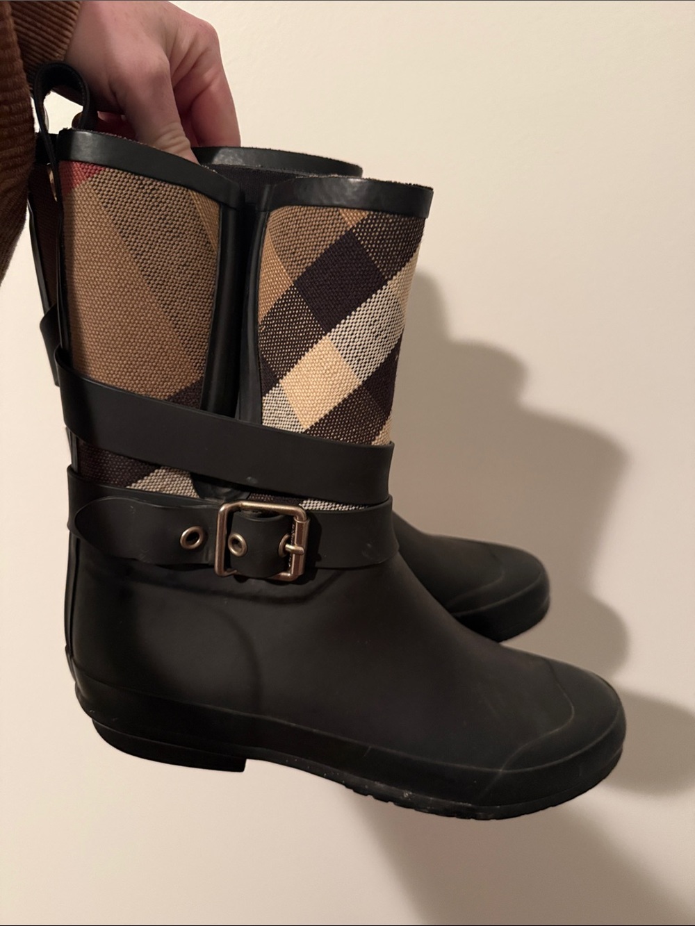 Burberry Black Rubber Ankle Boots with Beige Brown Plaid Shaft and Gold Buckle